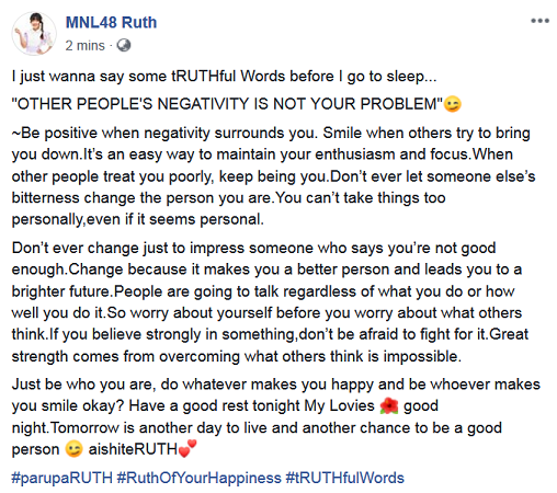 MNL48RuthFever's tweet photo. "I just wanna say some tRUTHful Words before I go to sleep...
"OTHER PEOPLE'S NEGATIVITY IS NOT YOUR PROBLEM"😉
~Be positive when negativity surrounds you. Smile when others try to.."
#parupaRUTH #RuthOfYourHappiness #tRUTHfulWords
#MNL48Ruth
Link: https://t.co/P1AQ93hLU2 https://t.co/R9koq4k01y