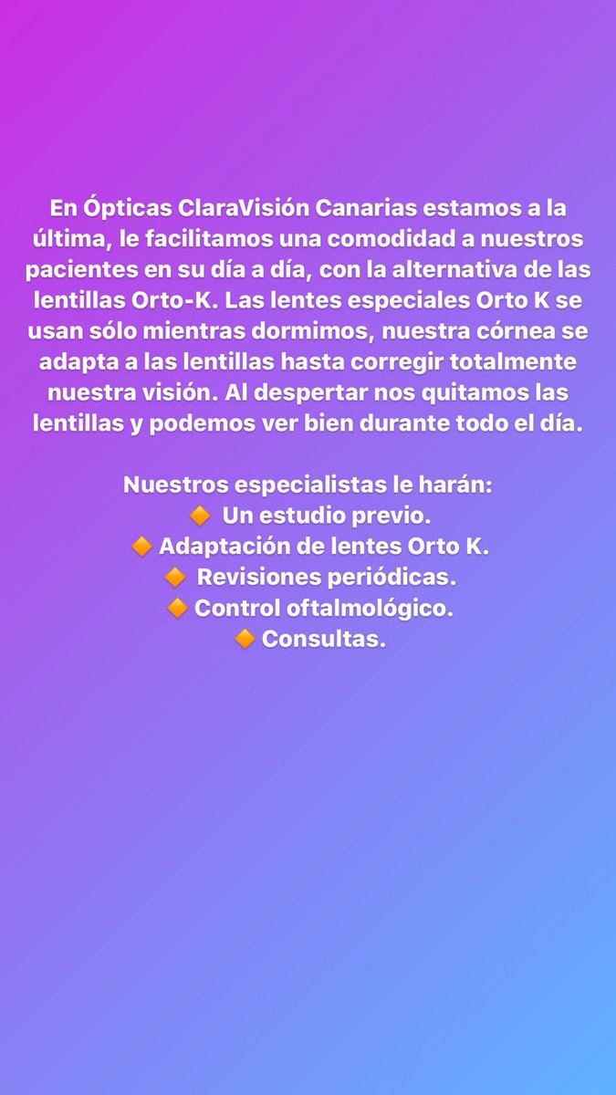 ClaraVisionCan's tweet photo. En Ópticas ClaraVisión Canarias estamos a la última. Las lentes especiales Orto K se usan sólo mientras dormimos, nuestra córnea se adapta a las lentillas hasta corregir totalmente nuestra visión. Al despertar nos quitamos las lentillas y podemos ver bien durante todo el día. https://t.co/z3isSxd16W