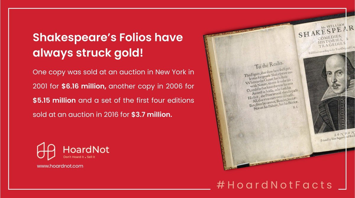 HoardNotApp's tweet image. Shakespeare’s Folios have always struck gold!
#Auctions #auction #Books #booklovers #collections #collectibles #FirstFolio #WilliamShakespeare #HoardNotFacts #HoardNotApp