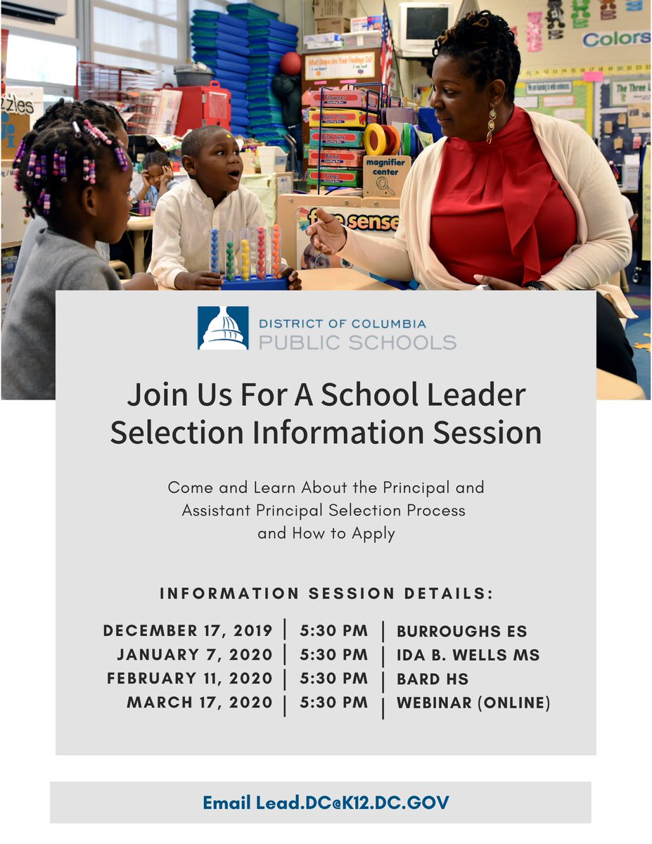 Interested in learning more about becoming a DCPS Principal or Assistant Principal? If so, join us at one of our upcoming School Leader Information Sessions to learn more. RSVP today! #DCPS #LeadDC