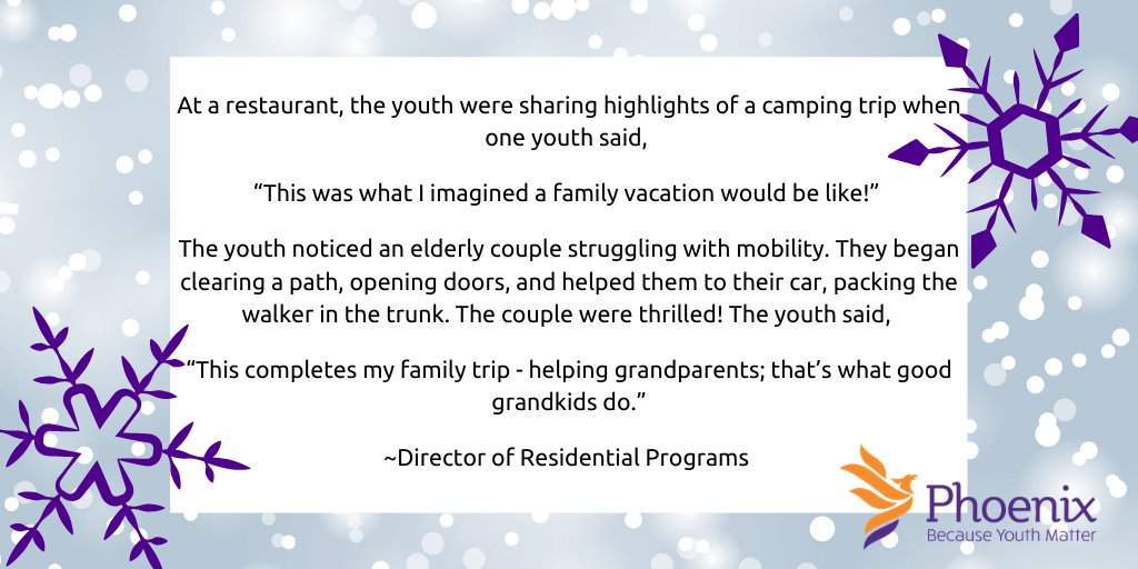 Phoenix is spreading a little holiday joy by sharing the incredible transformational moments experienced by youth and Phoenix staff. Follow the link and help make these moments a reality for all youth: ow.ly/eHpX50xyo0T #youthmatter
