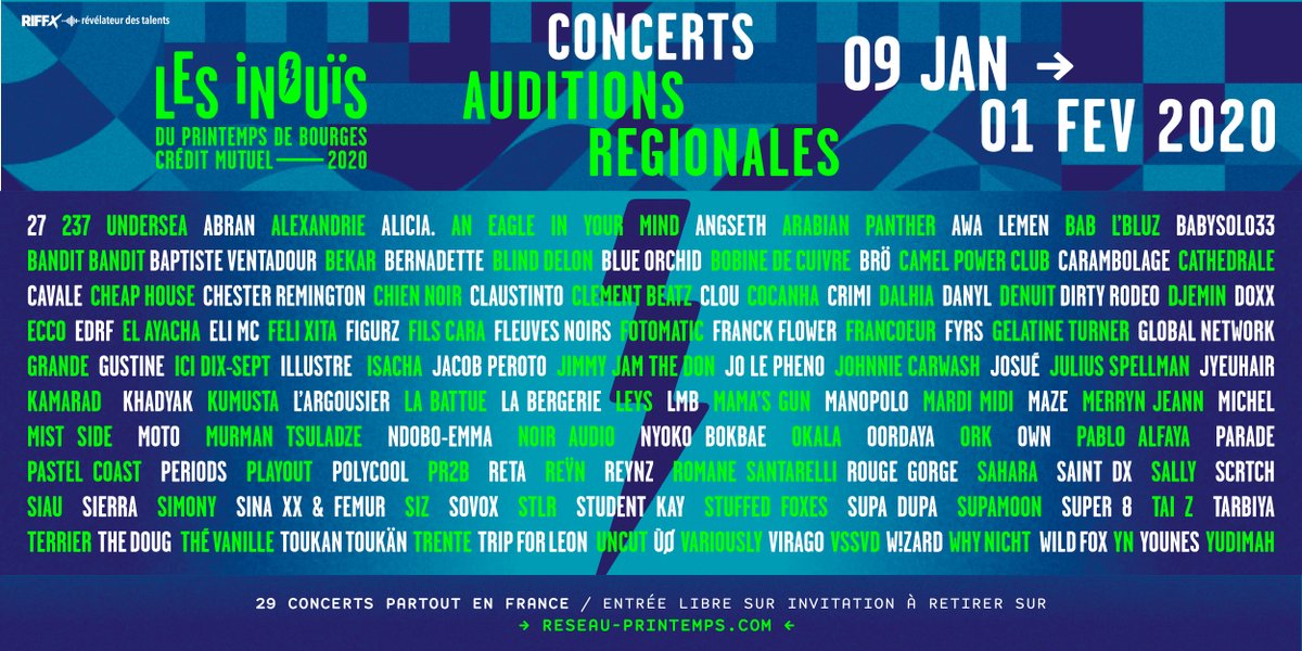 ⚡️ NOUS Y SOMMES ! Voici les groupes qui participeront aux Concerts Auditions Régionales des iNOUïS du Printemps de Bourges Crédit Mutuel dans toute la France du 9 janvier au 1er février prochain ⚡️
Entrée libre sur invitation à retirer sur ➡️ reseau-printemps.com/billetterie/
#iNOUïS2020