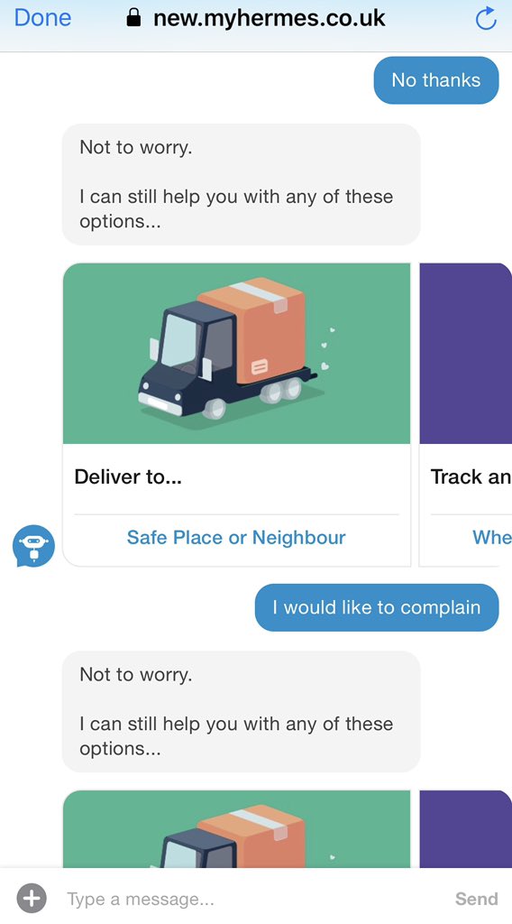 DanBolam's tweet photo. @Hermesparcels An automated Live Chat is the most useless thing I have ever seen https://t.co/rovZmPunFF