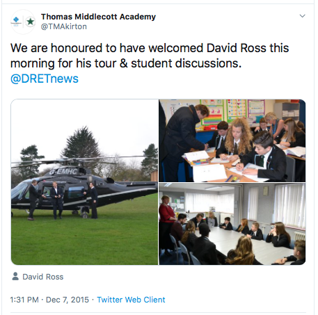 16/ Controverial  #CarphoneWarehouse mate of  #DavidCameron DAVID ROSS was even tipped to run  #Ofsted ! Sometimes he drops in on “his” academy schools by helicopter (reminder: these schools funded by the state, but outside of local democratic control—Ross does the controlling)