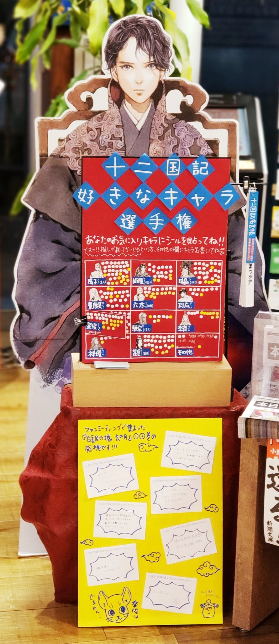なかましんぶん編集長 十二国記の日 十二国記ディスプレイコンテスト Tsutaya中万々店では たくさんのファンの方々と売場を創り上げました 見てほしいのは長 い巻物pop キャラ投票の楽俊 泰麒のお面 十二国記名言帳 そしてなによりファンのみなさん