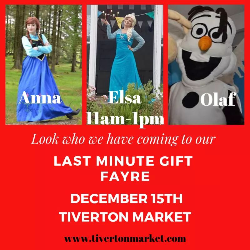 TivertonMarket's tweet image. THIS SUNDAY! ❄️
Come and meet Anna, Elsa &amp;amp; Olaf at our Gift Fayre. The event will run from 10am - 3pm and will have over 30 unique gift stalls. 🎁
@Visit_Mid_Devon @VisitDevon @MidDevonDC @whatsondevon @WhatsOnTiverton @GreatDevonDays 
#giftsforall #Frozen2 #cafe #mulledcider