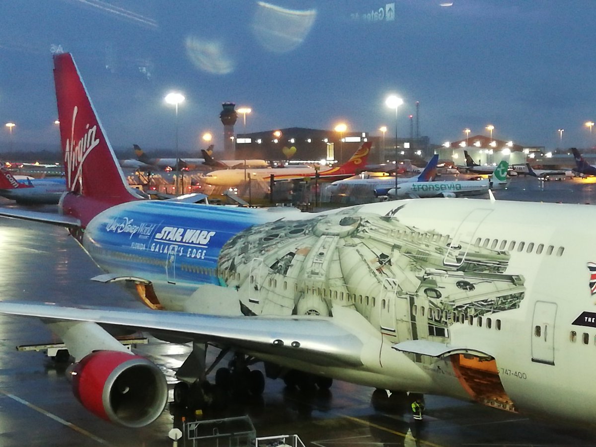 Spotted <a href="/manairport/">Manchester Airport</a> , a very cool Millennium Falcon plane by <a href="/Virgin/">Virgin</a> heading for a galaxy far far away I guess! 

<a href="/starwars/">Star Wars</a> <a href="/StarWarsUK/">Star Wars UK</a> #StarWars #StarWarsTheRiseOfSkywalker #milleniumfalcon
