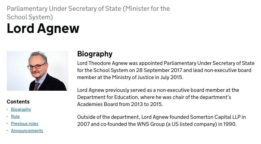 19/ Gove put THEODORE AGNEW (insurance multi-millionaire) on Dept Education board in 2010, & Min Justice board in 2015.Agnew, former trustee of Conservative think-tank founded the 13-school, 6,600-pupil Inspiration Trust in 2012.  https://www.opendemocracy.net/en/shine-a-light/revealed-the-brexit-backing-businessmen-taking-control-of-englands-schools/