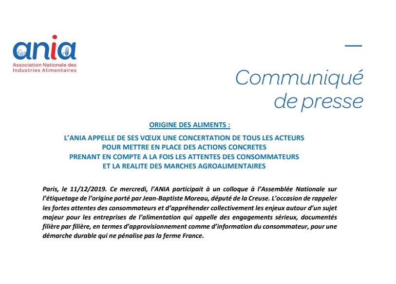 ANIA_FRANCE's tweet photo. [CP] Origine des aliments : l’@ANIA_FRANCE appelle de ses vœux une concertation de tous les acteurs pour mettre en place des actions concrètes prenant en compte à la fois les attentes des consommateurs et la réalité des marchés agroalimentaires 👉 https://t.co/EbACw8oteP https://t.co/XnTkdNMDlC