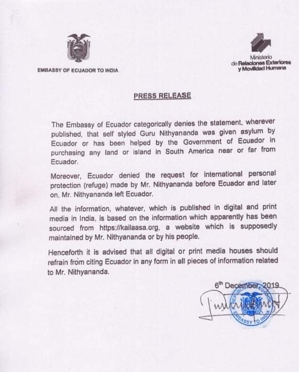 bawesme's tweet photo. Here is an official confirmation from Ecuador on #kailasa and #nityananda which proves all were false claims #fraud https://t.co/3eGCY04Mu7