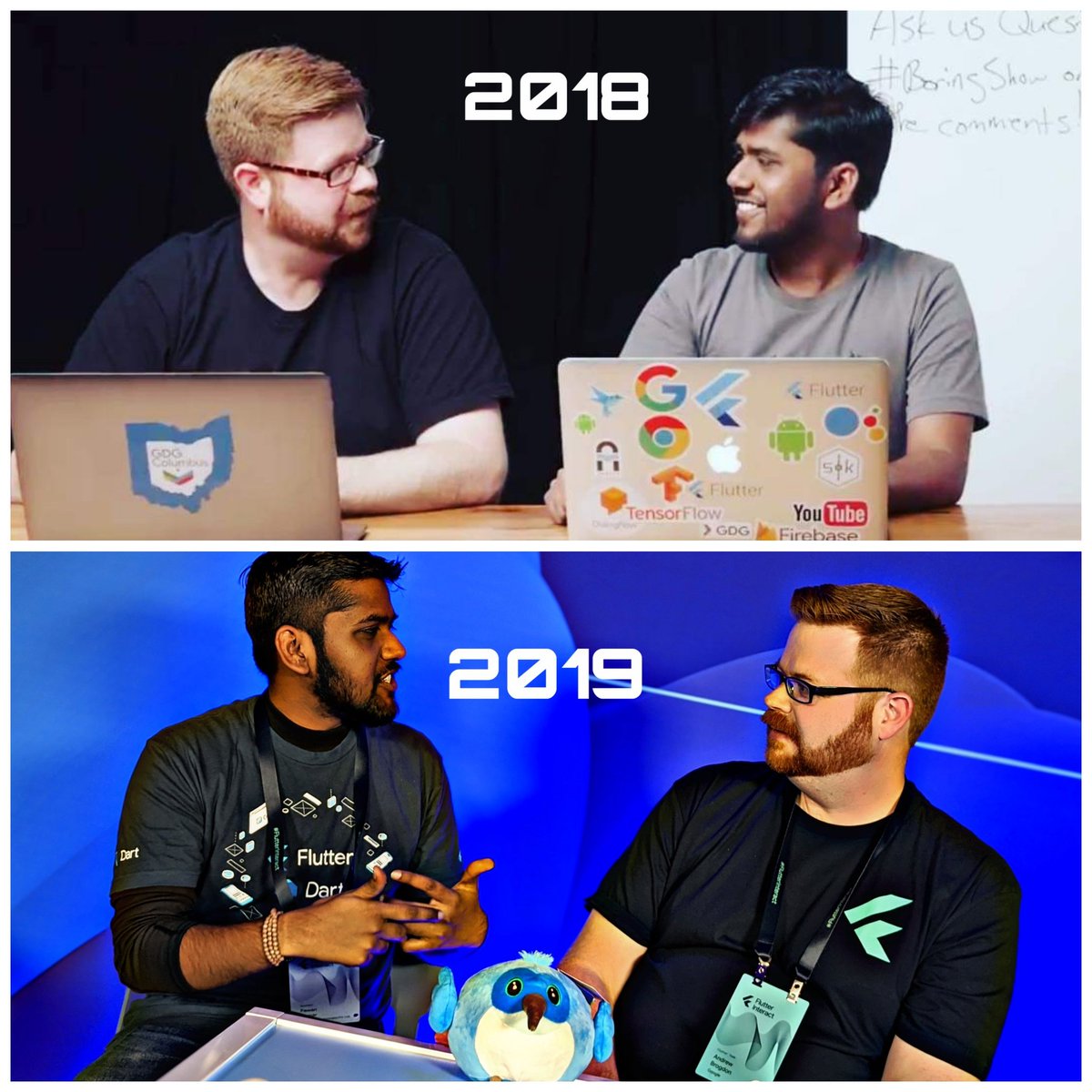 Everything has changed in just 1 year. So we recreated this moment. Thanks @redbrogdon for always being awesome.

#TheBoringShow #AskFlutter #FlutterInteract #Journey