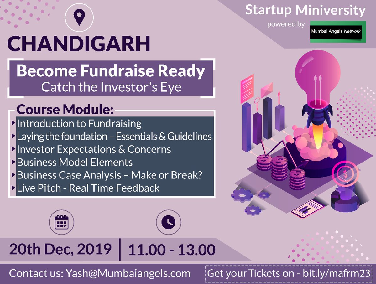 MumbaiAngels's tweet photo. Startups! Become fundraise ready with us at our Startup Miniversity, 20th December, Chandigarh.

Book your seats now!

Buy your ticket on - https://t.co/SMjJOBnB7P

#chandigarh #angel #investing #miniversity #funding #fundraise #portfolio #investors #investment #startups https://t.co/AfmXeC2dix