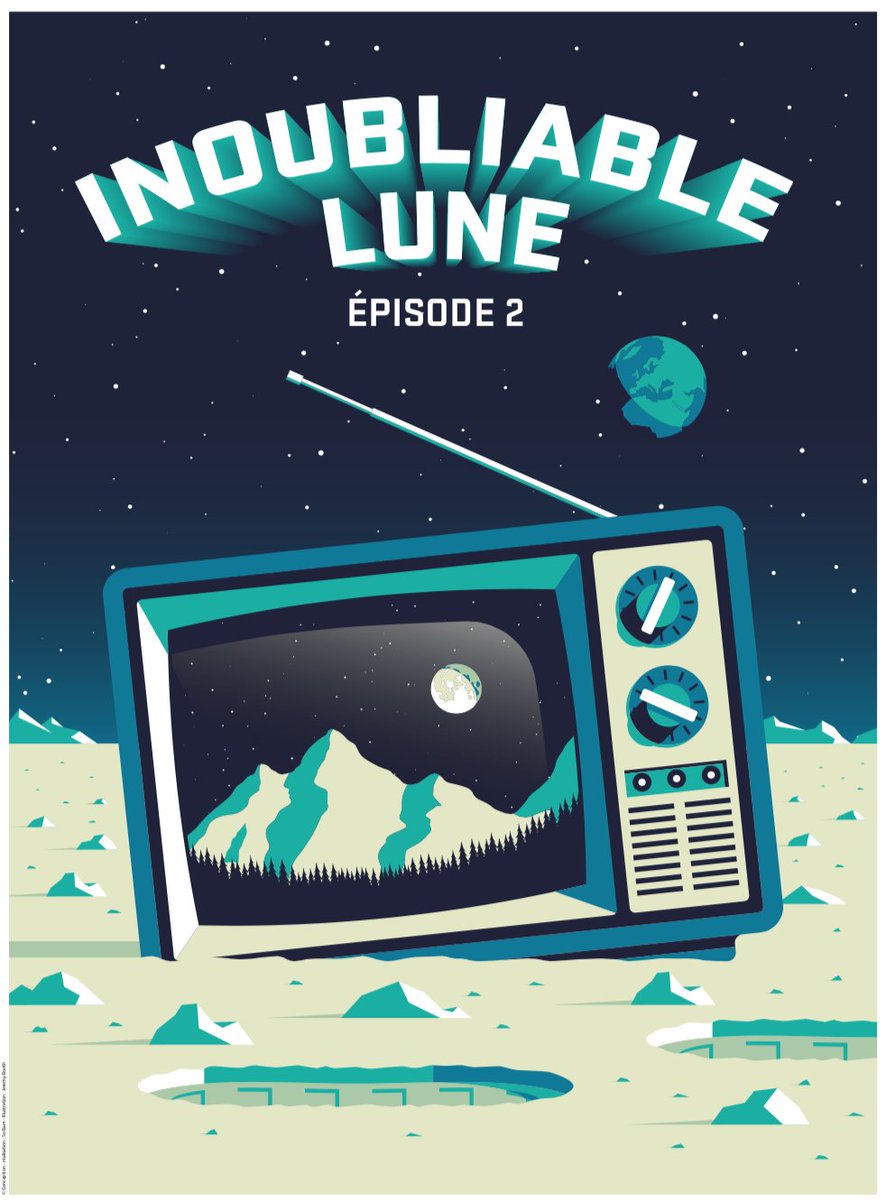 Un écran de télé est posé sur la Lune. Au premier plan on distingue des empreintes de pas. À l'arrière plan, la Terre est visible dans le ciel étoilé. La télé est un vieux modèle avec de gros bouton et une antenne. L'image dans la télé montre la Lune, vue depuis une forêt et des montagnes sur Terre. L'affiche indique "Inoubliable Lune, épisode 2"
