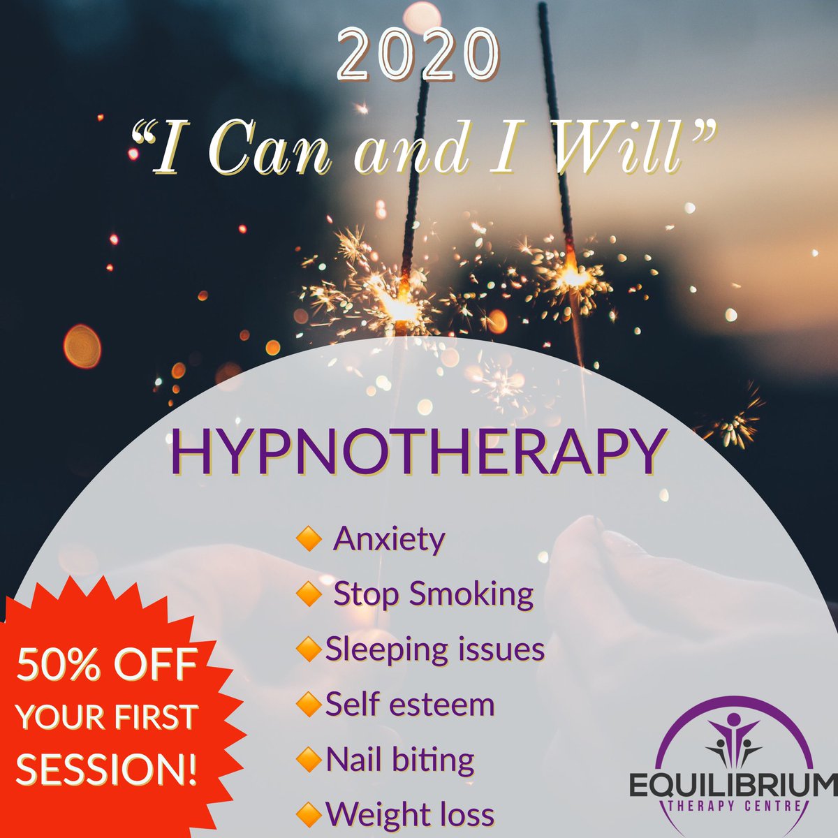 EquilibriumSW18's tweet image. 2020 - "I will and I can" - 50% on your first #Hypnotherapy session! Choose to start your year on a positive note! We are giving away 30 half price vouchers. Get in touch for more info!
Expires 31.01.2020

#mentalhealthmatters #southfields #sw18 #sw19 #sw17 #fulham #wandsworth