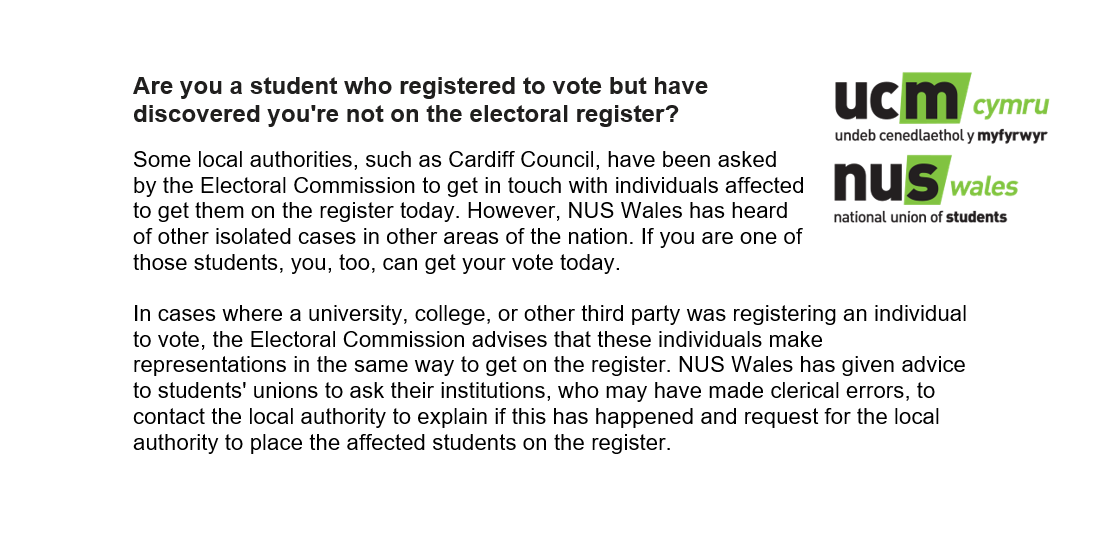 NUSWales's tweet photo. ! IMPORTANT - PLEASE SHARE - STUDENTS !
If you’ve been told you can’t vote today even though you registered, you might still be able to vote! 🗳️
Act now! Don’t be denied your vote – and tell friends and family if they’re affected.
#GeneralElection2019 #GE2019 #BeAVoter https://t.co/9cA0no0IYi