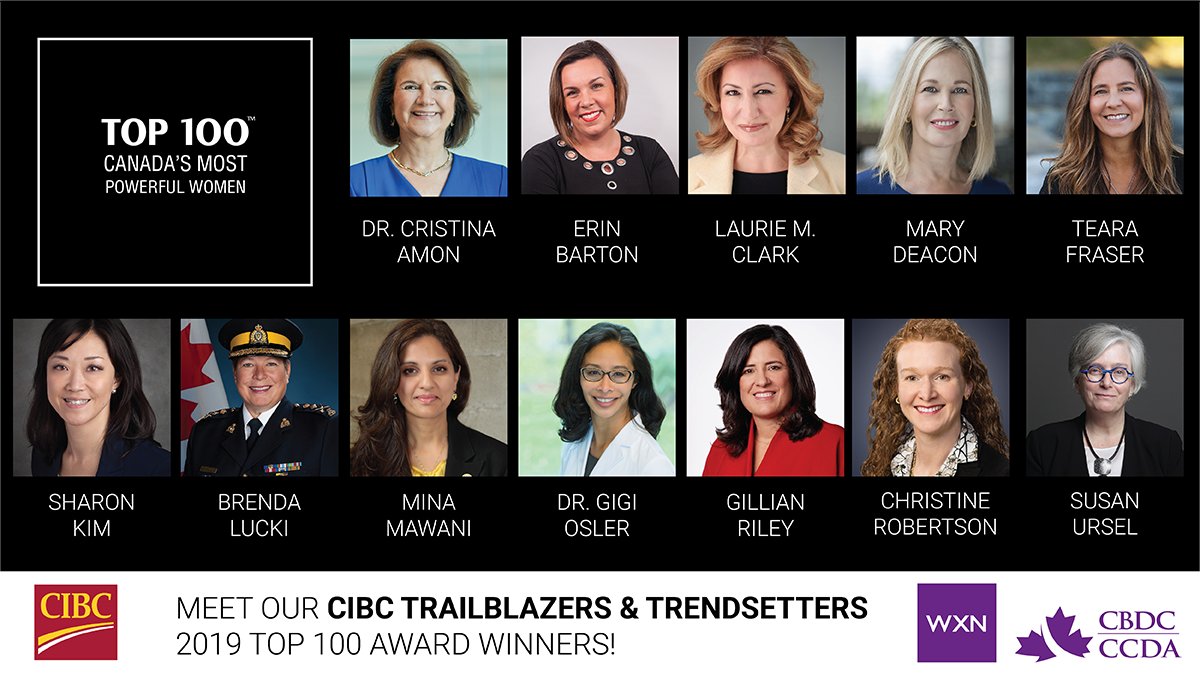 WXN's tweet photo. Introducing our 2019 CIBC Trailblazers &amp; Trendsetters Top 100 Award Winners! We are proud to partner with @cibc in the CIBC Trailblazers &amp; Trendsetters category for this year’s Top 100 Awards. Meet our winners: https://t.co/27P1zXARDR #powerfullyempowered #wxn  #CMPWTop100 https://t.co/vQ74Cdih3W