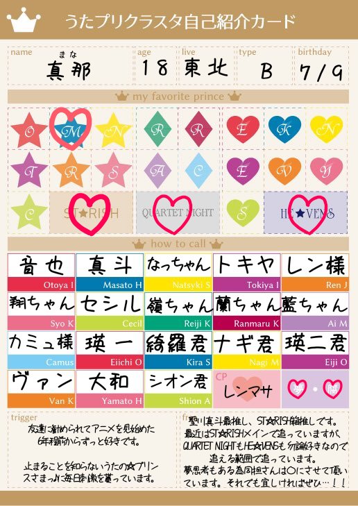 うたプリクラスタ自己紹介カード うたプリクラスタ自己紹介カード