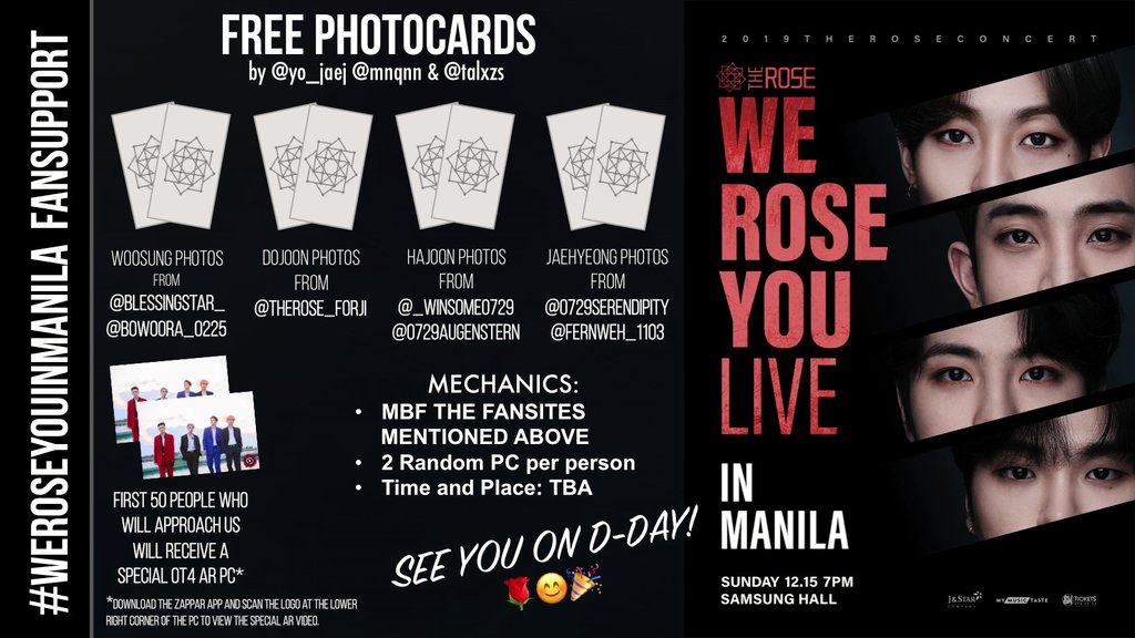 🖤🌹D-3!! SO WHO'S EXCITED FOR #WeRoseYouInManila🌹🖤

<a href="/mnqnn/">mnqnn</a>, <a href="/talxzs/">xTal</a> and I will be giving away AR photocards on D-day!

Kindly read the mechanics below! BTW this is open for TEAM CONCERT AND TEAM LABAS 😄

Don't forget to RT &amp; LIKE this tweet!!!! 

SEE YOU ALL ON D-DAY💕