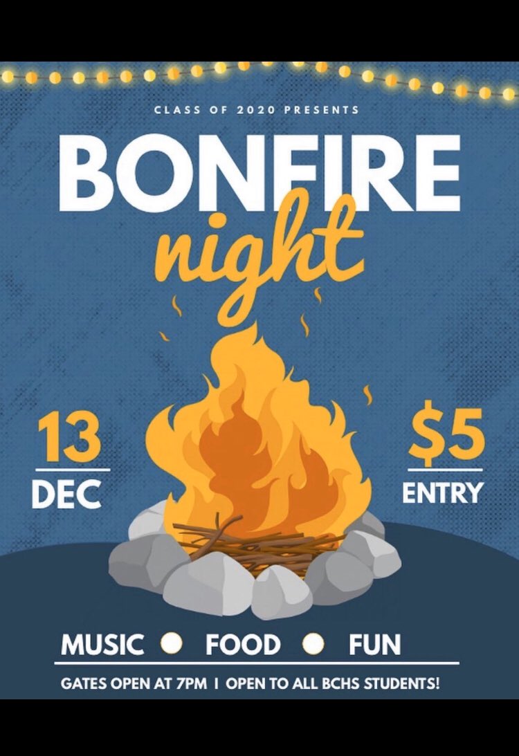 Cclassof2020B's tweet photo. Hey Guys the BCHS bonfire has been postponed to next Wednesday 12/18 due to bad weather. Save your tickets! https://t.co/OJuQ4AXy1m