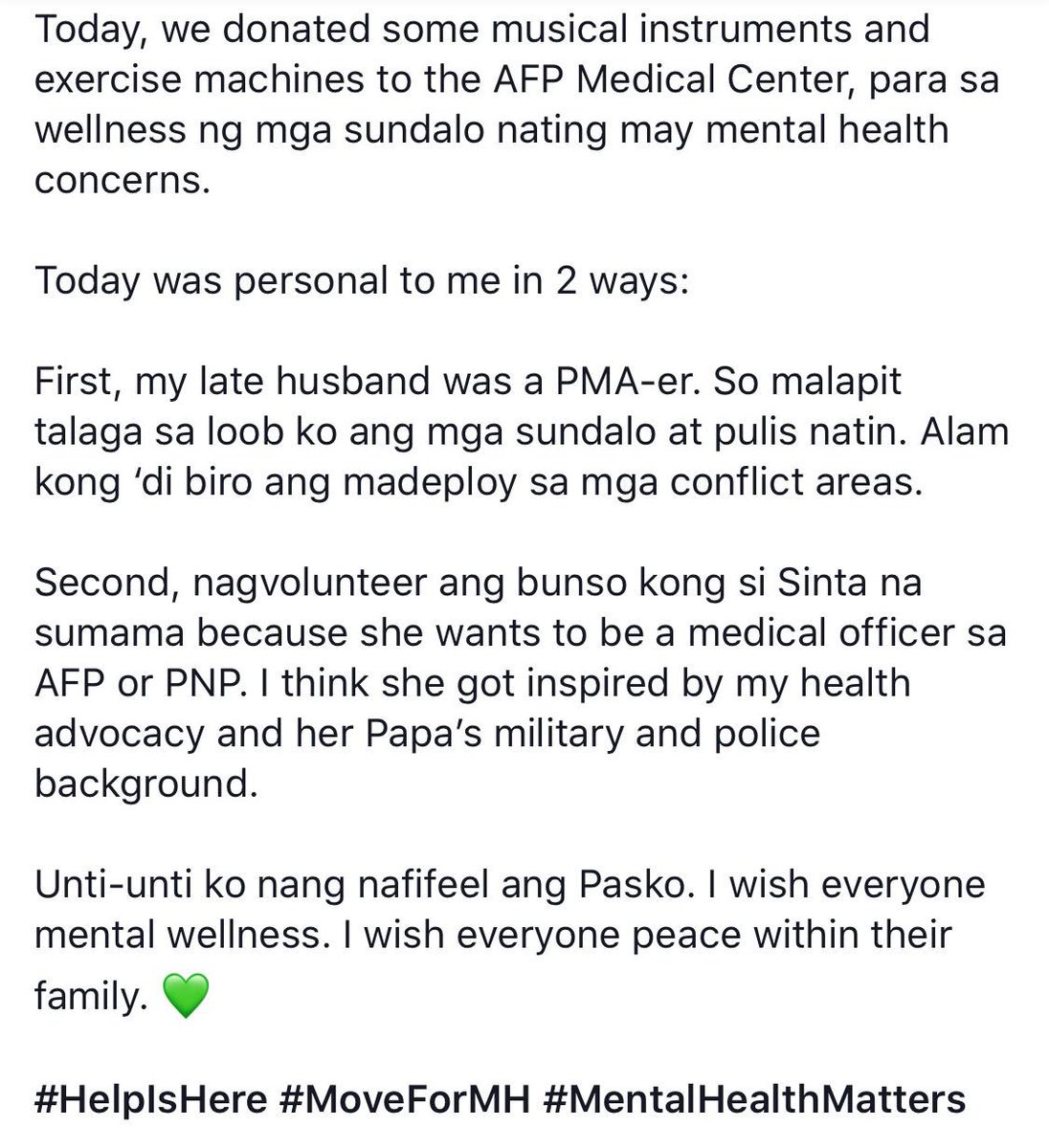 risahontiveros's tweet image. Today, we donated some exercise equipment &amp;amp; musical instruments to the AFP Medical Center to help our soldiers w/ their mental health concerns. 

Today was also personal to me in two ways: 

#MentalHealthMatters 
#MoveForMH
#HelpIsHere