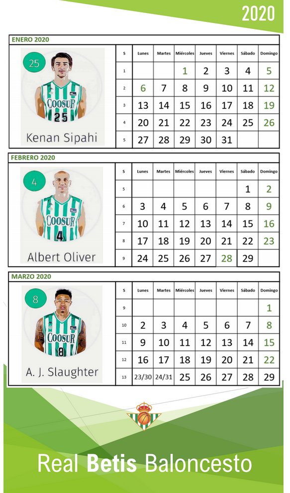 P_BetisBasket's tweet photo. Aquí tenéis nuestro calendario de 2020, con la foto de los jugadores de nuestro #CoosurBetis por cada mes del año 😊
Podéis descargarlo gratuitamente desde aquí: https://t.co/tmWFevCDAo
(Trabajo de nuestro peñista Manuel Escaño).
#BetisBaloncesto #MuchoBetis #GradaBetisBasket https://t.co/sZPoZDF7O6