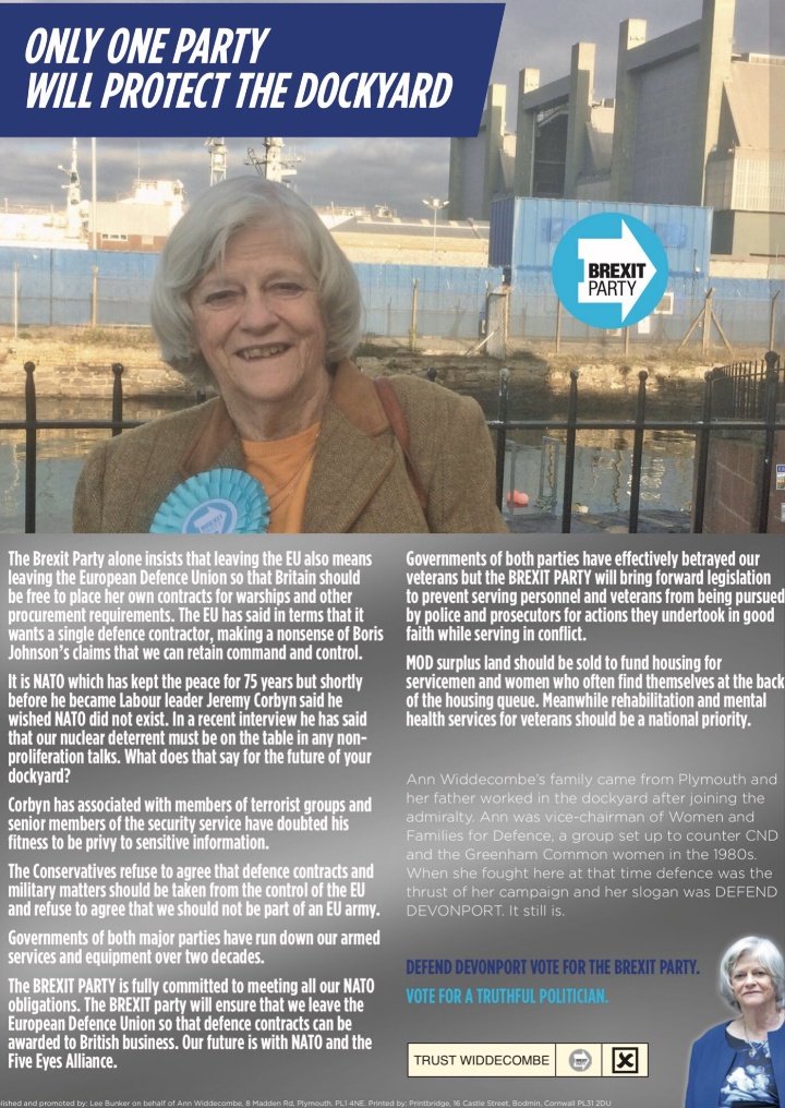 BettyBunny23's tweet photo. @BrexitPlymouth #Plymouth
Defend Devonport. 
Defend our Dockyard. 
Defend our Armed Forces. 
Defend our Veterans. 
Defend our Fishing Community. 
Defend Brexit....
by voting for Ann Widdecombe, who'll work tirelessly to serve the whole City, not herself.
#VoteBrexitParty #VoteWiddy https://t.co/lTNyJoQFro