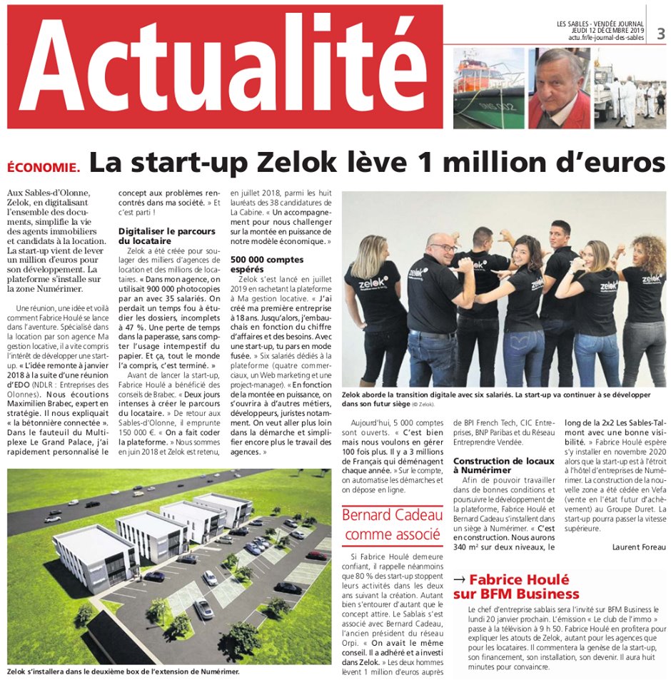 La presse locale parle de nous ! 👍🏻
Découvrez où en est Zelok et quels sont les projets à venir : digitalisation du parcours locataire, emménagement et développement ! 😉
Merci Le Journal des Sables pour cette mise en avant !

#startup #immobilier #