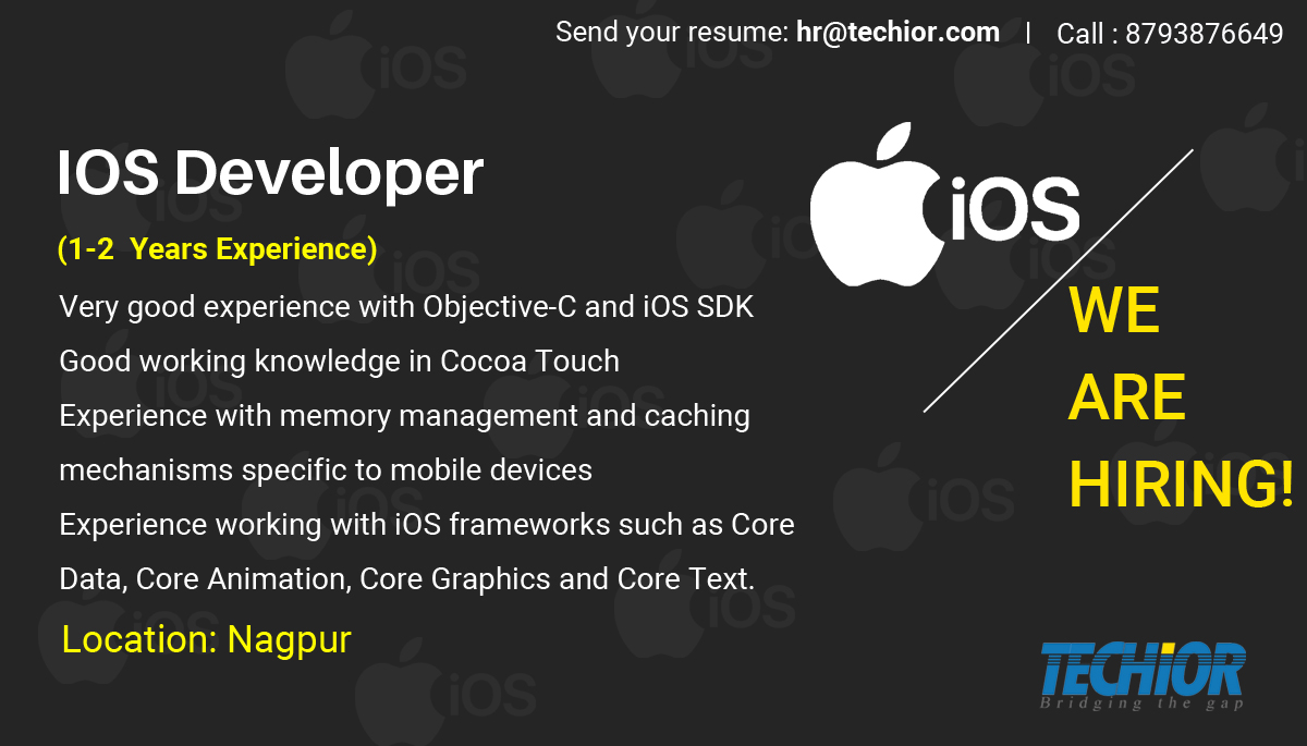 TechiorSolution's tweet image. We @ Techior Solutions Pvt. Ltd are looking for iOS Application Developer Profile.
Experience Required : 1+ Years
Location : Nagpur
Salary : Depends on Current CTC.
For more -www.techior.com / 8793876649 
jobinterview #nagpurjobvacancies #iOSapplicationdeveloper