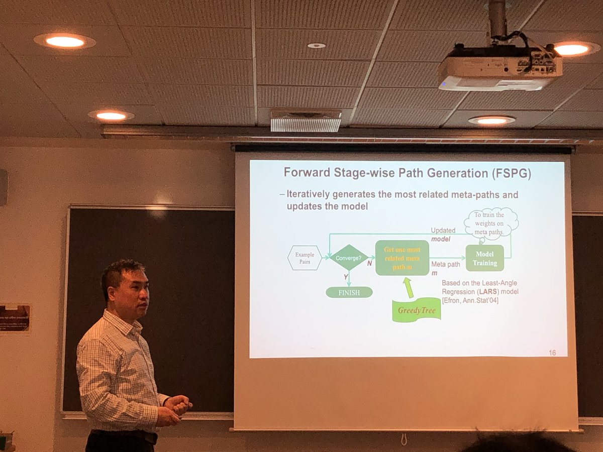 DaisyAAUdk's tweet photo. Reynold Cheng presenting today "Meta Paths and Meta Structures: Analysing Large Heterogeneous Information Networks".
Find the details about the talk here: https://t.co/35Clp9993x
#metapaths #metastructures #similaritymeasures #heterogenous #graphdata #bigdata #datascience https://t.co/E15lWnuScx