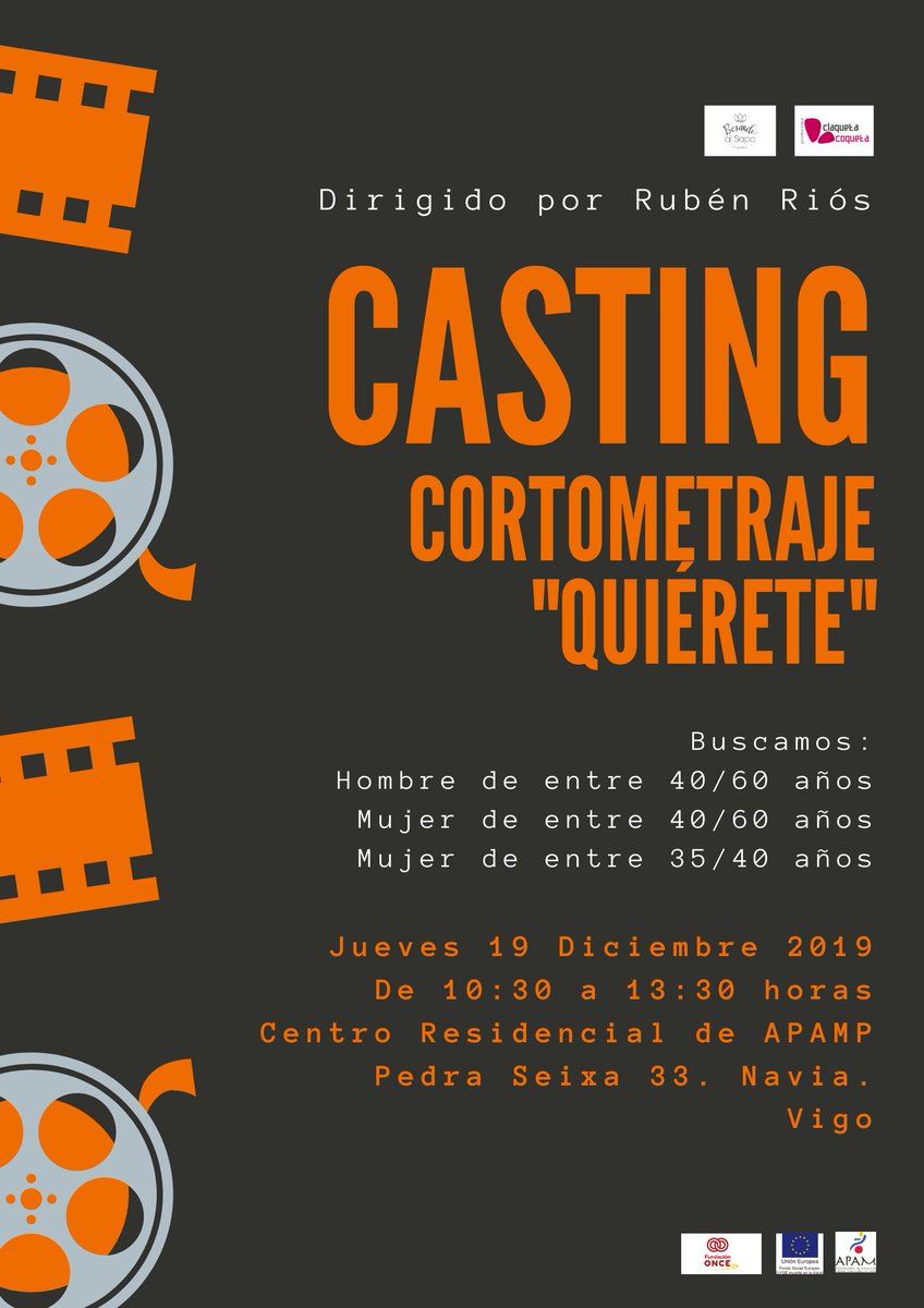 APAMPVigo's tweet photo. Noticia de Interés!Buscamos personas que quieran formar parte del #cortometraje "#Quiérete" que llevaremos a cabo de la mano del director Rubén Rios. Jueves 19 de diciembre de 10:30 a 13:30 horas en nuestro Centro Residencial de Navia. (Pedra Seixa, 33) Vigo📢📢
#Casting #DIMMb https://t.co/yWndjrQxCX