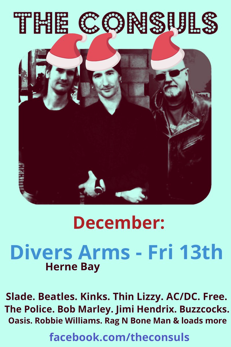 TheConsulsBand's tweet photo. We are delighted to be playing @diversarms again before the end of the year this Friday night! See you there 🎉
#kent near #Whitstable #HerneBay #WhatsOn #LiveMusic https://t.co/B4zrxoixqZ