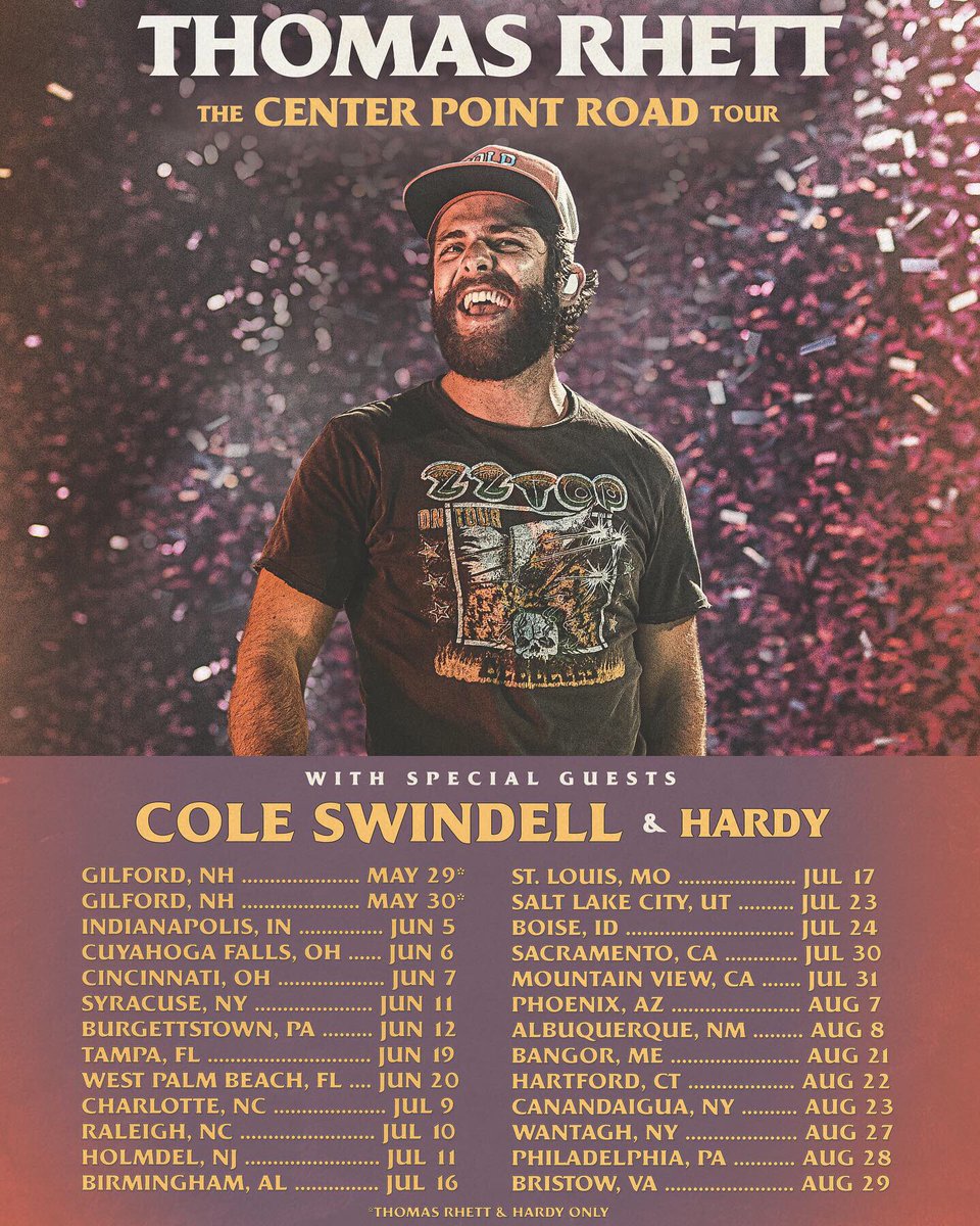 ThomasRhett's tweet photo. Let’s gooo - the #CenterPointRoadTour is coming to y’all in 2020! Bringing my buddies @coleswindell &amp; @HardyMusic with me. On sale details to come in Jan, download the #hometeam app for info first 🎉  let me know where we’ll see y’all https://t.co/N0UECWRNkm