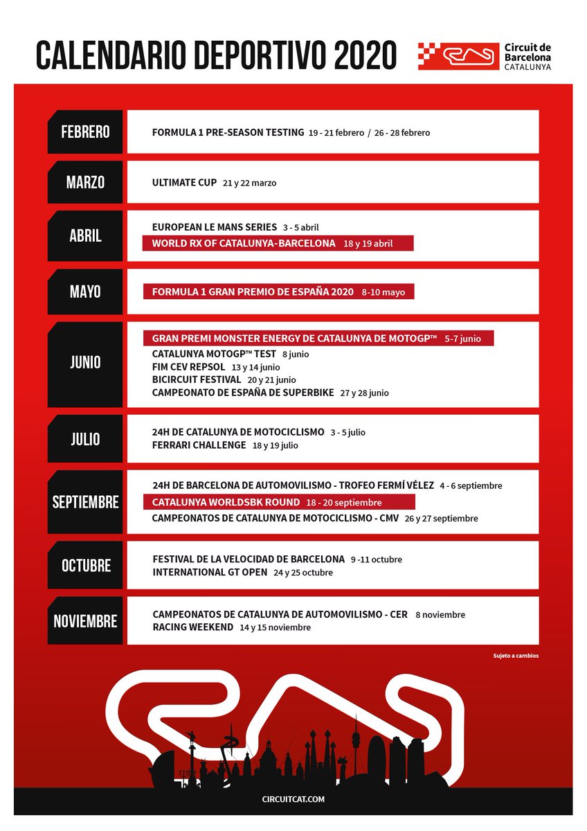 Es un honor presentaros el calendario deportivo del Circuit de Barcelona-Catalunya para el próximo 2️⃣0️⃣2️⃣0️⃣! ☺️
