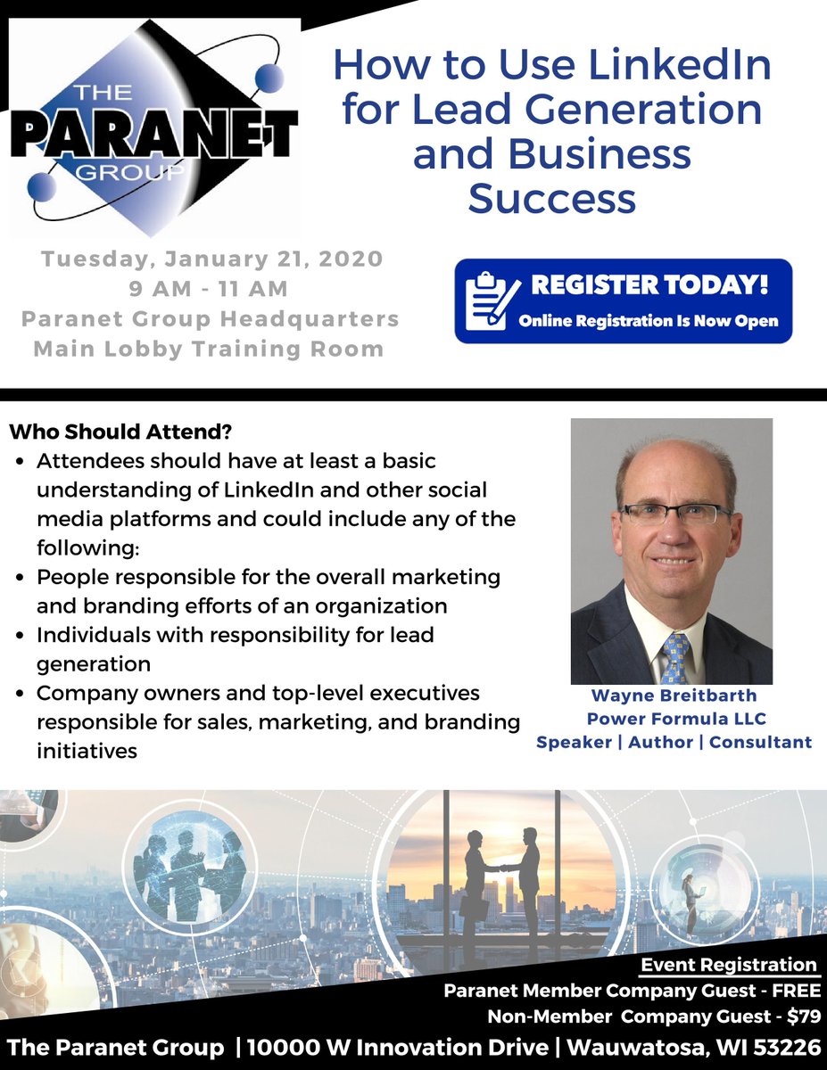 TheParanetGroup's tweet image. What&apos;s next for the Paranet Group?
Why our first event of 2020! 
It is an event you do not want to miss! Register today and learn more!
Click Here to Register - buff.ly/38tQfml
#TheParanetGroup #LinkedInWorkshop #January2020 #Manufacturing #LinkedIn