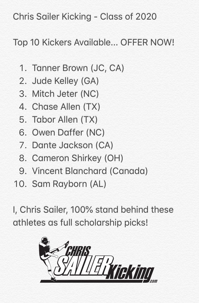 College Coaches... if you are looking for a Class of 2020 Kicker, here you go! I am 100% convinced that the following Kickers will absoltely get it done on the field. OFFER NOW! For full rankings and many more fantastic specialists visit —&gt; chrissailerkicking.com/player-ranking…