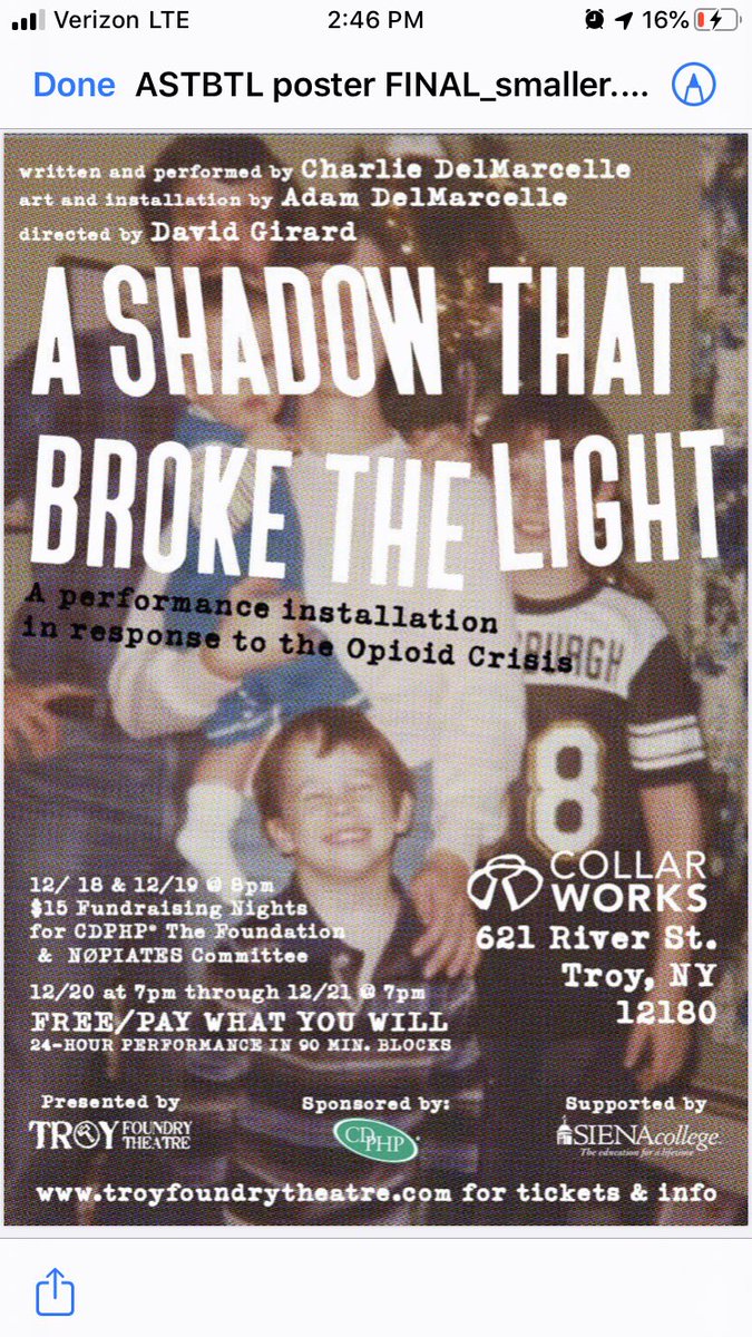 We are telling a story. Through two brothers' eyes.  Join us for the culmination next week at Collar Works. 12/18 &amp; 12/19 at 8pm to raise funds for Nopiates Committee and CDPHP Foundation. Or 12/20 starting 7pm for the FREE/PWYW 24-hour journey.

INFO —>
…rokethelighttft.brownpapertickets.com