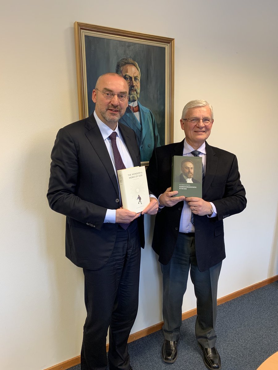 At Kampen in the Netherlands, I exchanged WTS’ new publication of Bavinck’s Wonderful Works of God with Rector Roel Kuiper who gave me the re-discovered and newly published Bavinck work on Ethics in Dutch by Bavinck’s portrait. Klaas Schilder and Cornelius Van Til would be proud!