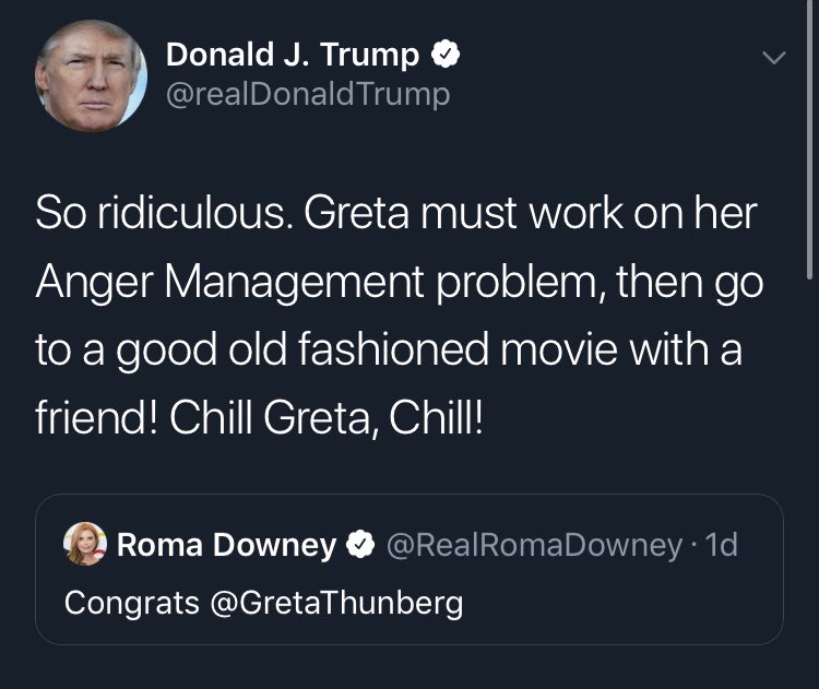 alsostephenking's tweet photo. Trump tweeted this low-blow attack about Greta Thunberg (a CHILD), and Greta responded by making his words her bio. What a mature and poised way to give him the finger. This girl really just is the best https://t.co/xT4gZ5uAK5