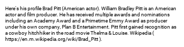 AzumoPoc's tweet photo. Sure, @AyelenRizzalli Here's his profile
Brad Pitt (American actor). William Bradley Pitt is an American actor and film producer. He has received multiple awards and nominations including an Academy Award and a Primetime Emmy Award as producer under his own company, Plan B En... https://t.co/HkmvD8EzU6