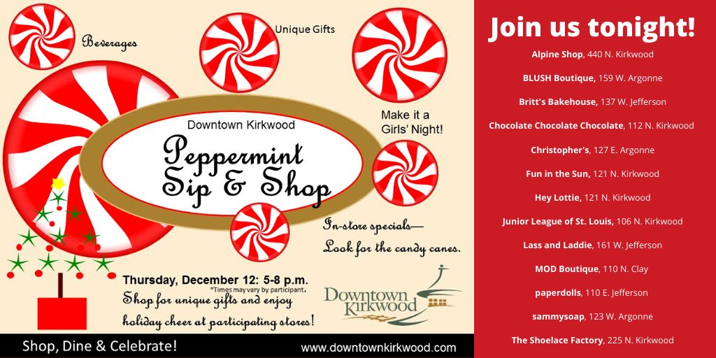 Tonight's THE night for free Photos With Santa and the live reindeer at Kirkwood Train Station from 5-7 p.m. And, discounts and delights during our Peppermint Sip &amp; Shop.
 #girlsnight #shoplocal #shopsmall #dtk #downtownkirkwood