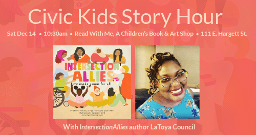 dottirpress's tweet photo. This Saturday morning in Raleigh, NC bring the kids out to @ReadWithMe_NC for Civic Kids Story Hour with #IntersectionAllies author @council_latoya! It happens at 10:30am at 111 E. Hargett St. See you there! @ClcCollective https://t.co/QESN9WllCk