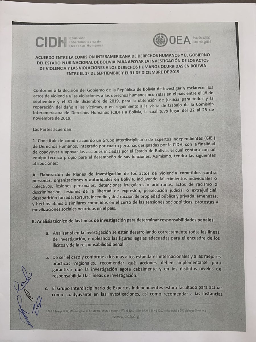 CIDH's tweet photo. URGENTE: 🔴 Gobierno de #Bolivia y la CIDH anuncian que firmaron hoy un acuerdo para instalar un GIEI - Grupo Independiente de Expertos Internacionales para coadyuvar en las investigar de los hechos de violencia del contexto electoral entre septiembre y diciembre de 2019 (1/6)👇 https://t.co/EDTeuVGRTF