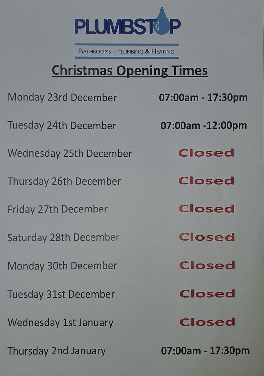 PlumbstopS's tweet photo. 🎅🏻CHRISTMAS OPENING TIMES 🎅🏻 https://t.co/8rYHTUnTAf