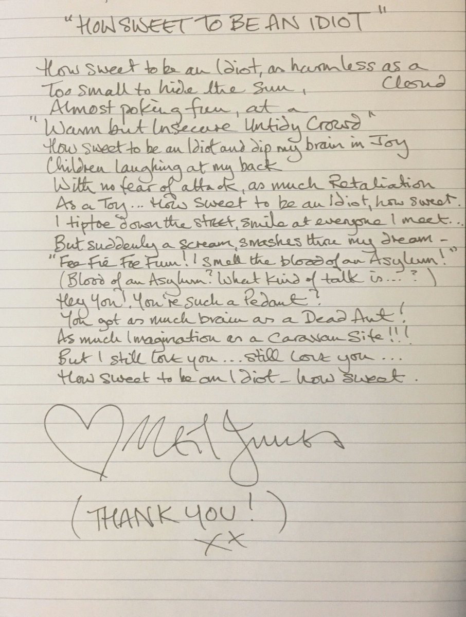 UntidyCrowd's tweet photo. Absolutely thrilled with our hand written Lyrics for “How sweet to be an idiot”! Thanks @NeilInnes 
We’ll add them into the video, along with any further video contributions we receive: https://t.co/RylNou2eez
#BeAnIdiot https://t.co/lgezHLlMuE