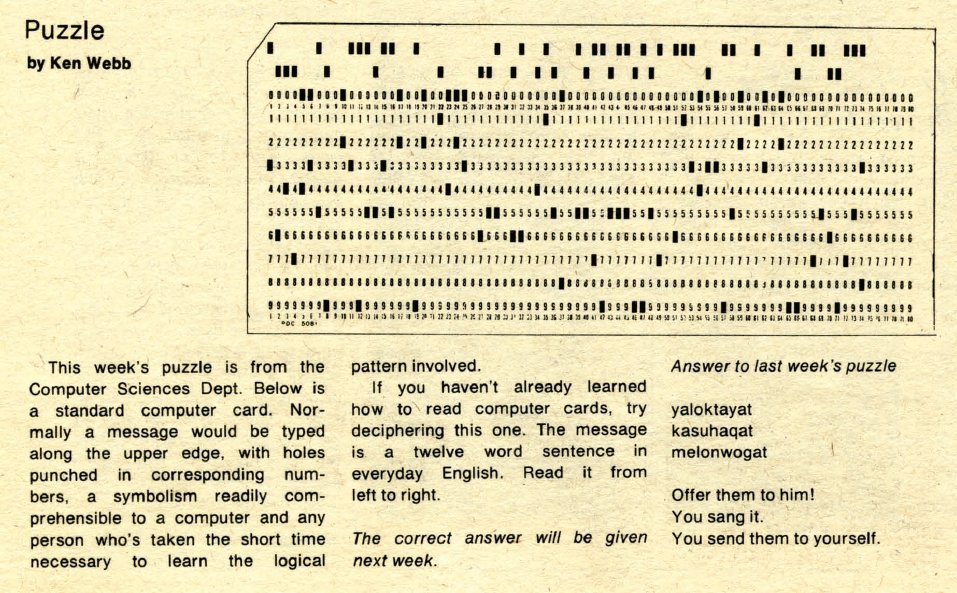 CU_Archives's tweet photo. Today for #throwbackThursday... a #puzzle! This was taken from the publication "Issues & Events" published at Sir George Williams University. Able to read computer cards? Give this one a shot. We will share the answer before the end of the day.
#TBT
#CUArchives
#Computercards https://t.co/S4PTbOiYJO