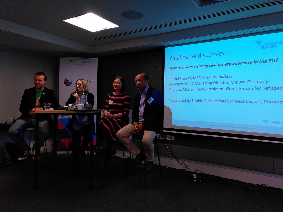 AdvocateEurope's tweet photo. What can we do to strengthen civil society in #Europe?
The big question by @spornschlegel for our final panel at our conference with Annegret Wulff of @mitost_org @YonousM of @Refugeegr and @daniel_freund of @GreensEFA 
@CnctingEurope
@epc_eu https://t.co/t2Zkgg3cIJ