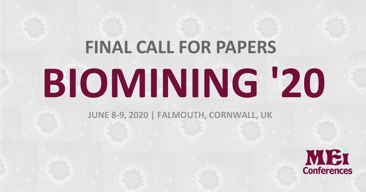 MEI_Conferences's tweet photo. #Biomining20: Final Call for Papers. For details see https://t.co/QfyVD3HV4B or email Barry Wills (bwills@min-eng.com)
#mining #minerals #biomining #bioleaching #bioremediation #biohydrometallurgy #meiconferences @barrywills @AnnaKaksonen https://t.co/wAS2sFACZw