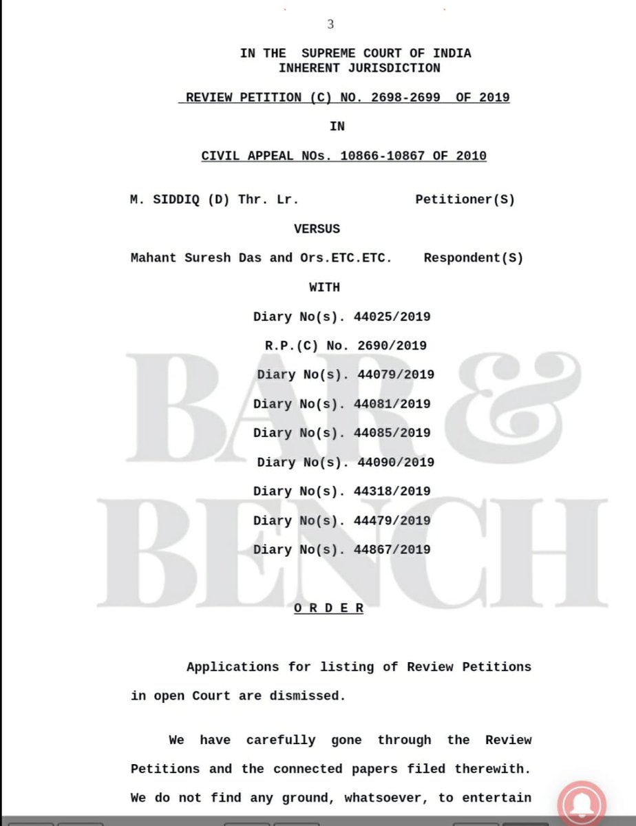 yusrahusain's tweet image. &quot;No do not find any ground, whatsoever, to entertain the review petitions.&quot; 
Five-judges Supreme Court bench on dismissal of all 18 review pleas on its November 9 #AyodhyaJudgment 
#ayodhyacase