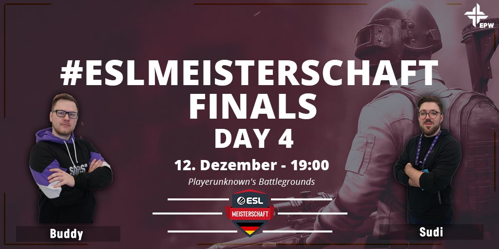 Heute ist die letzte Chance noch was an der Position in der Tabelle zu machen. Bleiben Ferrari Breach, Team Venture &amp; ALTERNATE aTTaX an der Spitze oder wirds nochmal spannend? <a href="/PUBG_DE/">PUBG: BATTLEGROUNDS Deutschland 🇩🇪</a> #ESLMeisterschaft 

⏰ 19 Uhr
🎙️ <a href="/SuperBuddyYT/">Ben Buddy Peters</a> &amp; <a href="/sudi_pubg/">Nico</a> 
📺 twitch.tv/esl_pubg_de