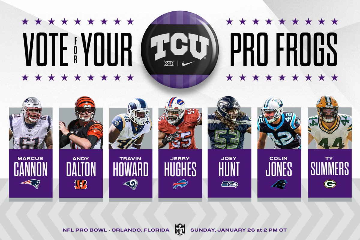 LAST DAY TO VOTE FOR YOU #PROFROGS!!!

All retweets count as ✌️ votes... #ProBowlVote 

Marcus Cannon
<a href="/andydalton14/">Andy Dalton</a> 
<a href="/TravinTheGreat/">Travin Howard</a> 
<a href="/Iam_jerryhughes/">Jerry hughes Jr</a> 
<a href="/joeyhunt53/">Joey Hunt</a> 
Colin Jones
<a href="/summerTYme42/">Ty Summers</a> 

#GoFrogs🐸